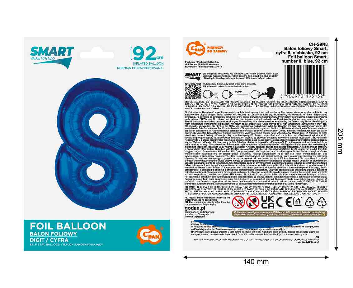 Balon foliowy Smart cyfra 8 niebieska 92cm AA CH-S9N8 GoDan